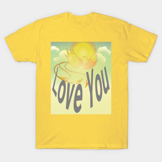 Say “Love You” Over Flaming Yellow Phoenix Bird T-Shirt by Glenn’s Credible Designs